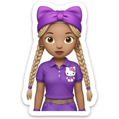 hello kitty wearing purple polo shirt and kyaki pants with long box braids sticker