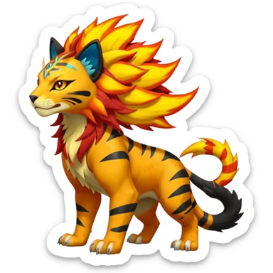Volcanic Fiery Colorful exotic dark-colored, vibrant, golden, burning, badass, cool, realistic Pyroar-Sprigatito-Torracat-Luxray-Tigress-Solgaleo-Liger-Hybrid-Fakemon-Creature (full body) sticker