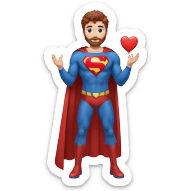 Adult-tall-full body- Superman-with redish brownish messy hair-full neatly trimmed beard-blue eyes-holding a heart with both hands sticker