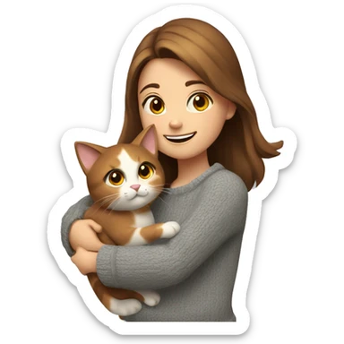 A girl with brown hair in gray sweater hugs calico cat and smile sticker