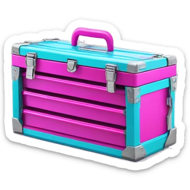 Realistic metallic hot pink and turquoise tool box with top open and purple tools inside of it isolated.  sticker