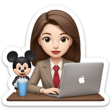 Women in front of one laptop that has a Mickey sticker on it, with a happy face, face fuller, lips plump, full eyebrows, dirty brown hair, light brown big eyes, light pale skin with a iced coffee on the side, business attire, who is typing sticker