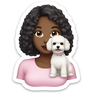 a girl with dark hair, black eyes, white skin, medium curly hair, black eyebrows, wearing pink lipstick, holding a white maltipoo dog, with straight hair  sticker