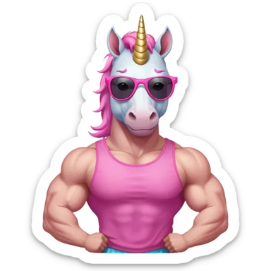 friendly anthropomorphised masculine unicorn with horse-like face, muscular bodybuilder build, in tutu and pink t-shirt, wearing dark sunglasses, relaxed pose, close-crop head and shoulders portrait sticker