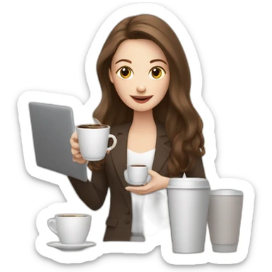 woman with pale skin and long brown hair behind a computer juggling with coffee cups sticker