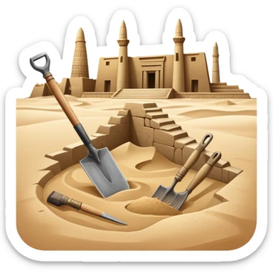 An icon showing archaeological tools—trowel, brush, and pickaxe—laid out on the sand, with the ancient Karnak temple ruins in the background. The design symbolizes exploration and discovery of ancient Egyptian history. Transparent background sticker