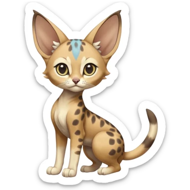 Big-eared big-eyed cute realistic animalistic feral digitigrade 4-legged anime-styled Sphynx-Meloetta-Trico-Vernid-Sergal-Serval-hybrid-fusion-creature-animal, full body sticker