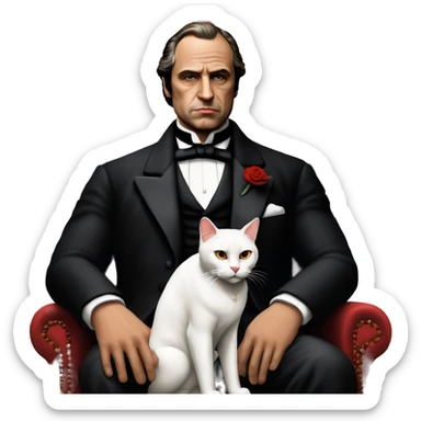 don corleone as a mafia boss sitting on a red chair petting a white cat on his lap sticker