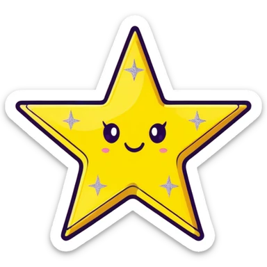 3D golden star with soft glow, five sharp symmetrical points, lots of glitter particles, cartoon style, friendly appeal, pastel yellow background, Pixar-inspired lighting sticker