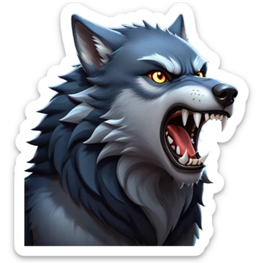 cinematic-noble-fierce-werewolf-howling-portrait-emoji, poised-and-imposing, with a fierce wolfish face tilted upwards in a haunting howl, glowing eyes full of primal ferocity, sharp, and a rugged snout, fur rippling in shades of midnight black and silver, muscles tensed as the powerful howl echoes beneath the moonlit sky; rendered with realism, capturing the raw, untamed power of the beast in its wild, primal state sticker