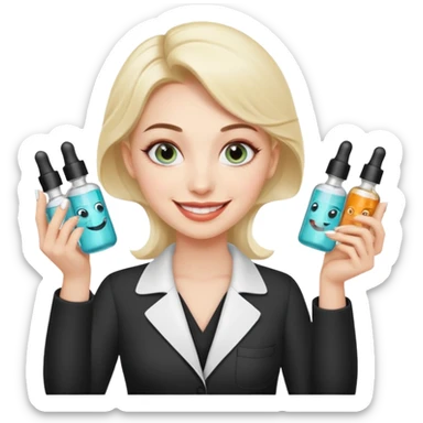 A smiling beautician with cold fake smile, calculating eyes, pointing at your cheek while holding 5 expensive serum bottle. predatory vibe.A face with a fake sweet smile, but the face is slowly consumed by shadows creeping from below. Only the cold, calculating eyes are visible in the dark sticker