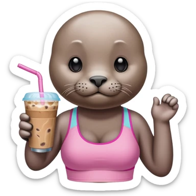 Seal wearing pink sports bra drinking an iced coffee sticker