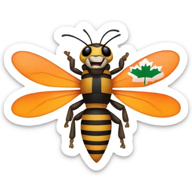 A hornet emoji except he has bright highlighter orange stripes instead of yellow and is holding a Canadian flag sticker