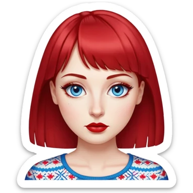 Creative woman with fair skin, oval face, striking blue eyes with eyeliner, thin eyebrows, small nose, medium lips with bright lipstick, dark red hair with straight bangs, wearing a red and white printed top, artistic expression sticker