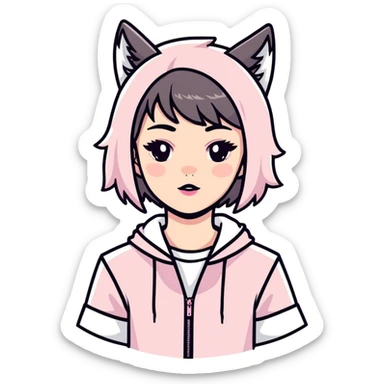 An Asian teenager with makeup and long hair, wolf haircut and wearing cute light pink and white clothes  sticker