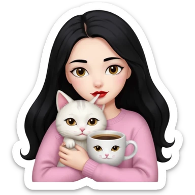 Beautiful Girl Long Hair black, Brows Big , Skin White, Sweater Pale Pink , Big Red Lips, Eyes coffe, Hug Little baby Persa Cream Cat With Cute Eyes sticker