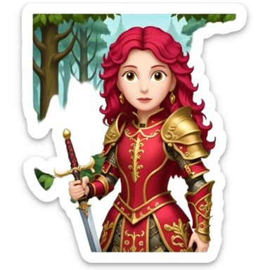 realistic cinematic actress Cher in baroque styling with crimson armor in a forest sticker
