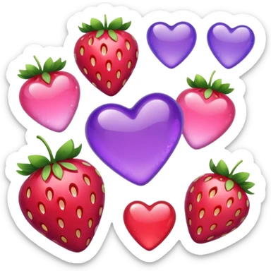 strawberries, pink and purple hearts, candy sticker