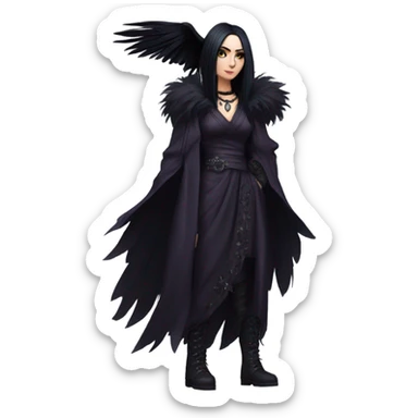 the morrigan goth woman version vines style furr robe stylish boots, perfect eyes, raven on hand sticker