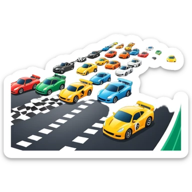 grandstands filled with cheering crowds, checkered flags waving, and traffic lights signaling the start, with a thrilling atmosphere of anticipation and speed. Sporty cars and motorcycles lined up at the starting line, ready to race, with a vibrant racetrack in the background. sticker