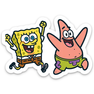 Spongebob and Patrick as lively, energetic color outline icons, expressive poses, dynamic movement, inspired by their movie appearances, black outlines with flat color fill, no text sticker