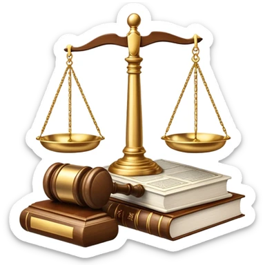 An icon featuring a gavel, scales of justice, and legal books, symbolizing law. The design includes a courthouse building in the background, representing the legal system and justice. Transparent background highlights the authority and structure of the law. sticker