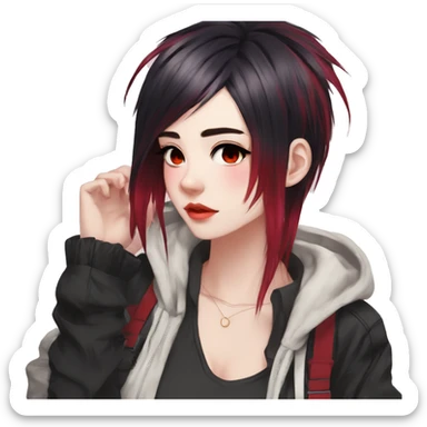 Gorgeous anime style tomboy-lady with blushing face aesthetic and pretty edgy black red punk hair with hair garment trending style sticker
