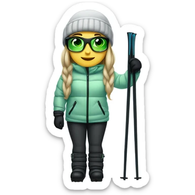 Green-eyed, fat female skier with long straight hair, glasses, light grey snow jacket, long black pants, black only snow boots, wearing black skis standing tall. sticker