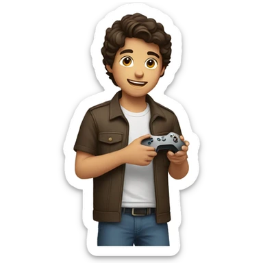 light Hispanic boy with brown hair holding a gaming remote sticker