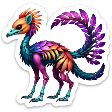 Rare colorful gradients colored realistic dark edgy glossy shiny tropical tribal patterned feathery skeletal badass epic pretty beautiful handsome gorgeous aesthetic colorful vibrant Vernid-Trico-species-Fakemon-creature by LiLaiRa, 4 legs, 1 tail, random markings, (full body) sticker