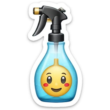 An emoji of a spray bottle actively spraying mist. A fine mist of tiny particles is visible in the air as the nozzle releases the spray. Can resemble a perfume, cologne, or cleaning product. Transparent bottle with a trigger or press nozzle, slightly tilted while spraying sticker
