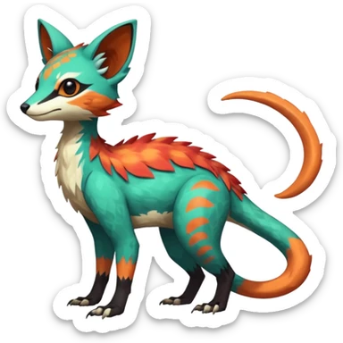 Rare realistic exotic edgy epic pretty beautiful handsome gorgeous aesthetic colorful vibrant Vernid-Trico-species-Fakemon-creature by LiLaiRa, 4 legs, 1 tail, random markings, (full body) sticker