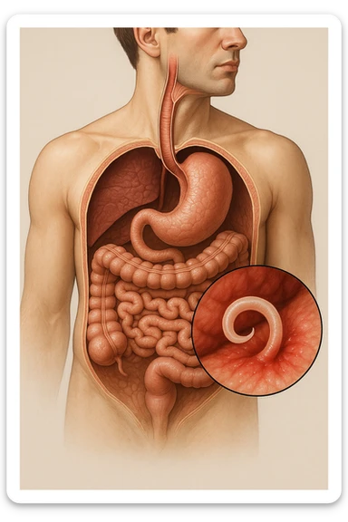 a 3D cutaway view of the human digestive tract, showing an Anisakis larva attached to the intestinal wall. in a man sticker