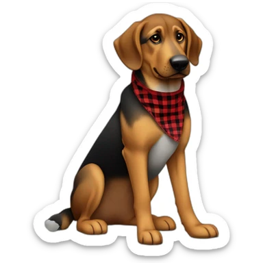 75% Coonhound 25% German Shepherd mix dog wearing small pointed red buffalo plaid bandana side view full body facing left sticker