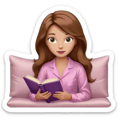 Woman with light tanned skin reading a book on Beige sofa. Long wavy medium brown hair. Beige ivory colour background. Very pale pink silk pyjamas. Realistic. Foxeye with long lashes. Pinky mauve lips. sticker