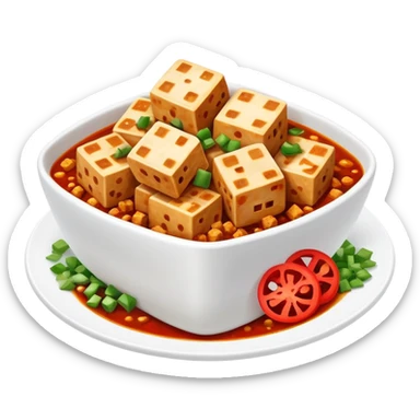 Mapo Tofu spicy red with tofu cubes and minced meat, simplified emoji style with bold outlines and bright colors, cartoon style Sichuan famous dish sticker