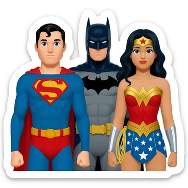 costumed characters including Superman, Batman, and Wonder Woman sticker