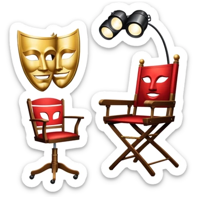 Icon for Acting: a theatrical mask, stage lights, a director’s chair, and a script, representing the craft of acting in theater. The design should reflect creativity, performance, and the art of storytelling on stage. Transparent background. sticker