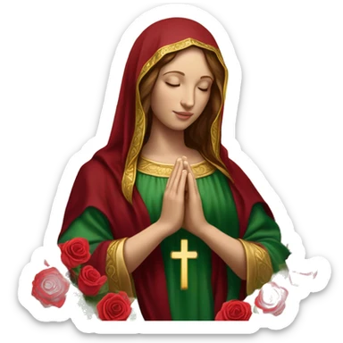 Virgin Mary: kind face looking down at the left, long brown hair, Wearing an emerald green  robe with gold stars and a burgundy red dress,  Hands in prayer or blessing. Halo around her head. standing in front of a big sun. colorful roses on the sides  sticker