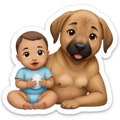 Black mouth cur sitting next to a baby with dimples and dark brown hair sticker