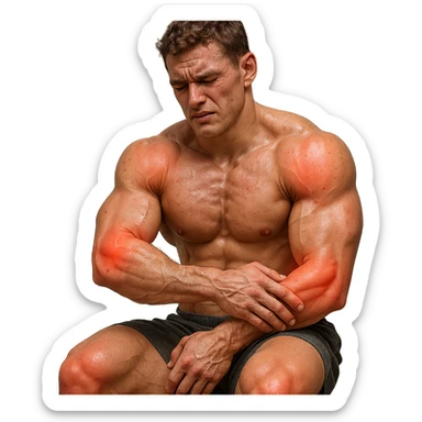 young bodybuilder with chronic joint pain from collagen deficiency, hyper realistic style, well visible muscles, highlighted joints, pained expression, text 'Articolazioni a rischio', neutral atmosphere sticker