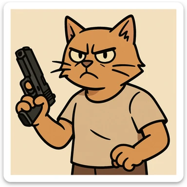 a tough-looking cat with a gun, cartoon style, flat toon sticker