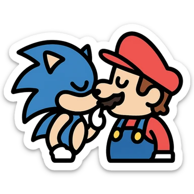 Sonic the Hedgehog kissing Mario, modern icon style, clean lines, simple and bold, suitable for app or website use sticker