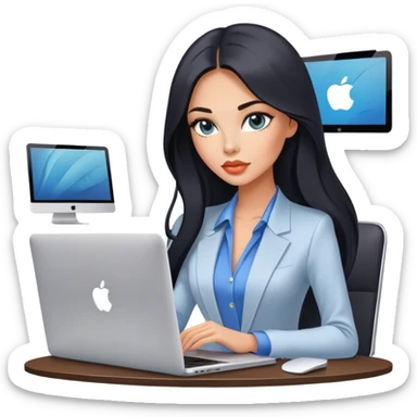 Glamours tanned very beautiful girl with pump peach lips and black straight smooth long hair, blue-grey eyes in beautiful clothing with MacBook in the office sticker