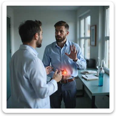 hyperrealistic 4K image of a man talking to a doctor, showing worrying symptoms like abdominal swelling, clinical environment, anxious expression sticker