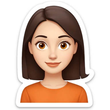 Warm enthusiastic woman with light skin, oval face, soft defined features, large expressive brown eyes, medium arched eyebrows, small nose, medium lips with relaxed smile, long dark brown hair, wearing an orange blouse sticker