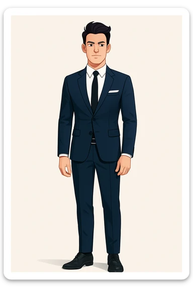 Full-body modern business illustration: young man with elegant hairstyle, confident look, fitted navy blue suit, white shirt, black tie, pocket square. Standing straight, arms naturally at sides. Clean background, sharp lines, consistent lighting, same character identity and style as reference. sticker