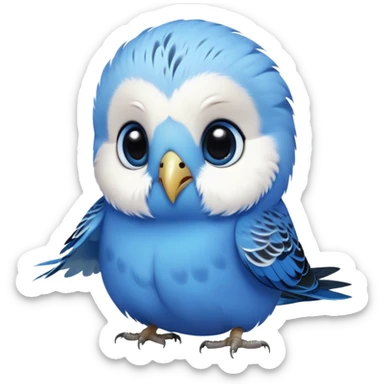 cinematic-cute-blue-budgie-portrait-emoji,-head-tilted-playfully-and-inquisitively,-featuring-a-brilliant-blue-feathered-fur-and white and black feathered face-with-a-natural-sheen,-round,-sparkling-dark-eyes-filled-with-curiosity,-simplified-yet-irresistibly-adorable sticker