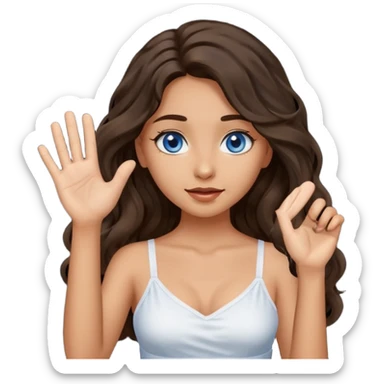 Girl with olive skin, blue eyes, brown dark insanely wavy long hair, white camisole, raising hand sticker