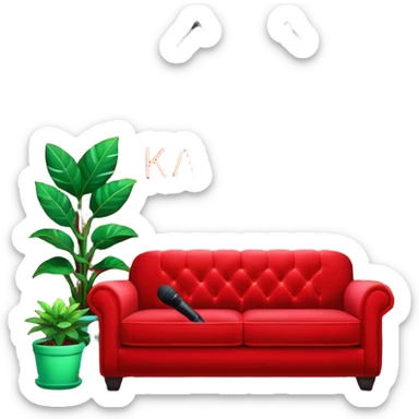 1600x400 image with front view of a red velvet couch with a mic in front, houseplants in the background, and a neon sign directly above the couch that says "karaoke" sticker